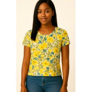 Blue Sol Yellow and Green Floral Fitted Short Sleeve T-Shirt